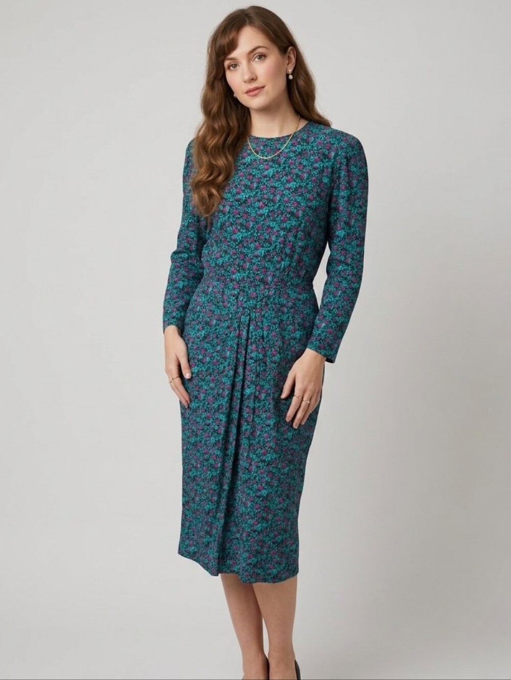 karin stevens Teal and Magenta Floral Long Sleeve Midi Dress